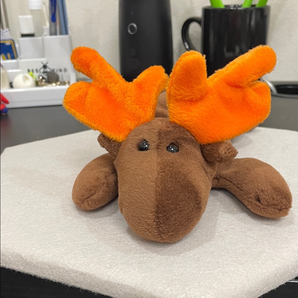 Ty Brown Moose Plush with Bright Orange Antlers “Chocolate” born in 1993